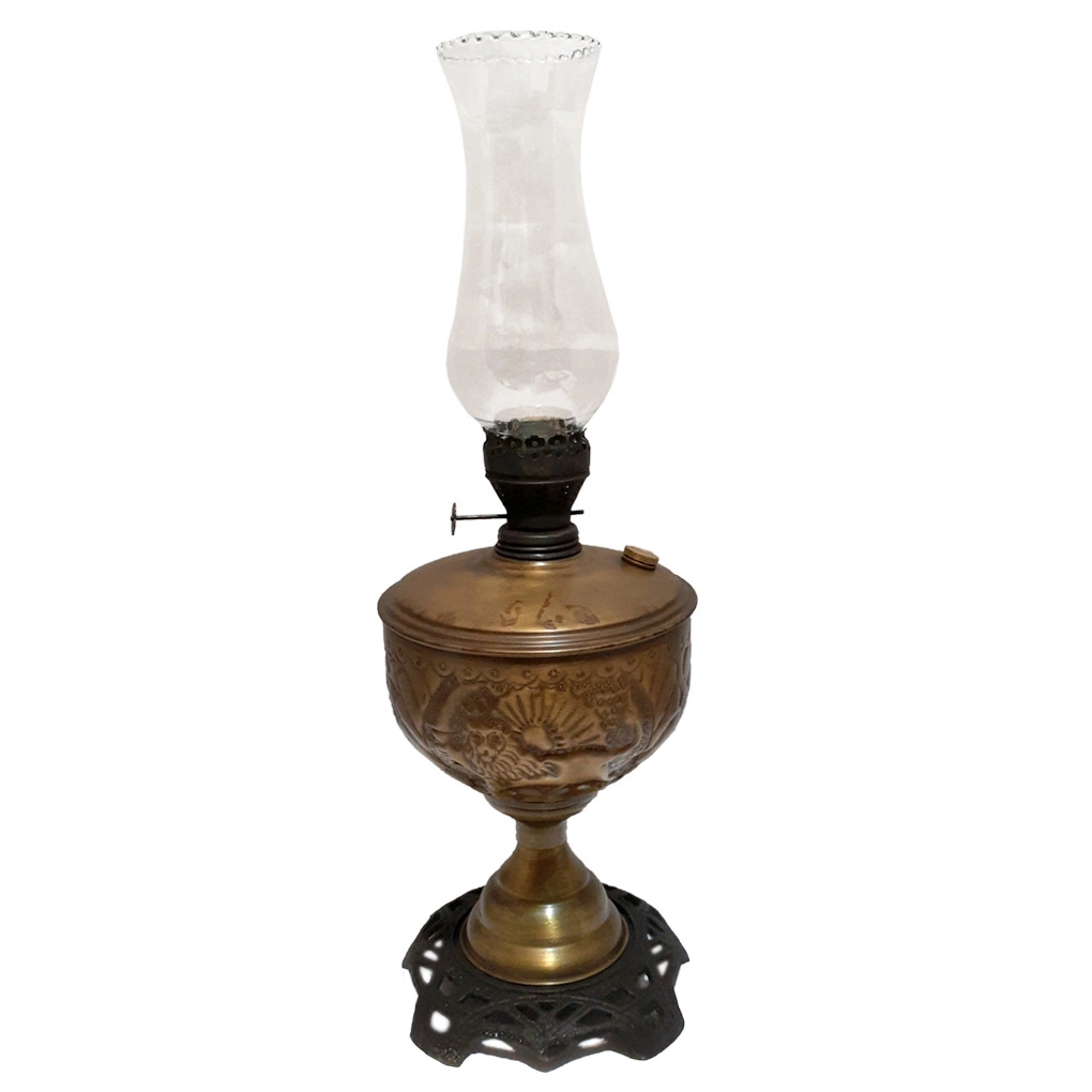 چراغ گرد سوز برنجی قلم شیر خورشید آنتیک