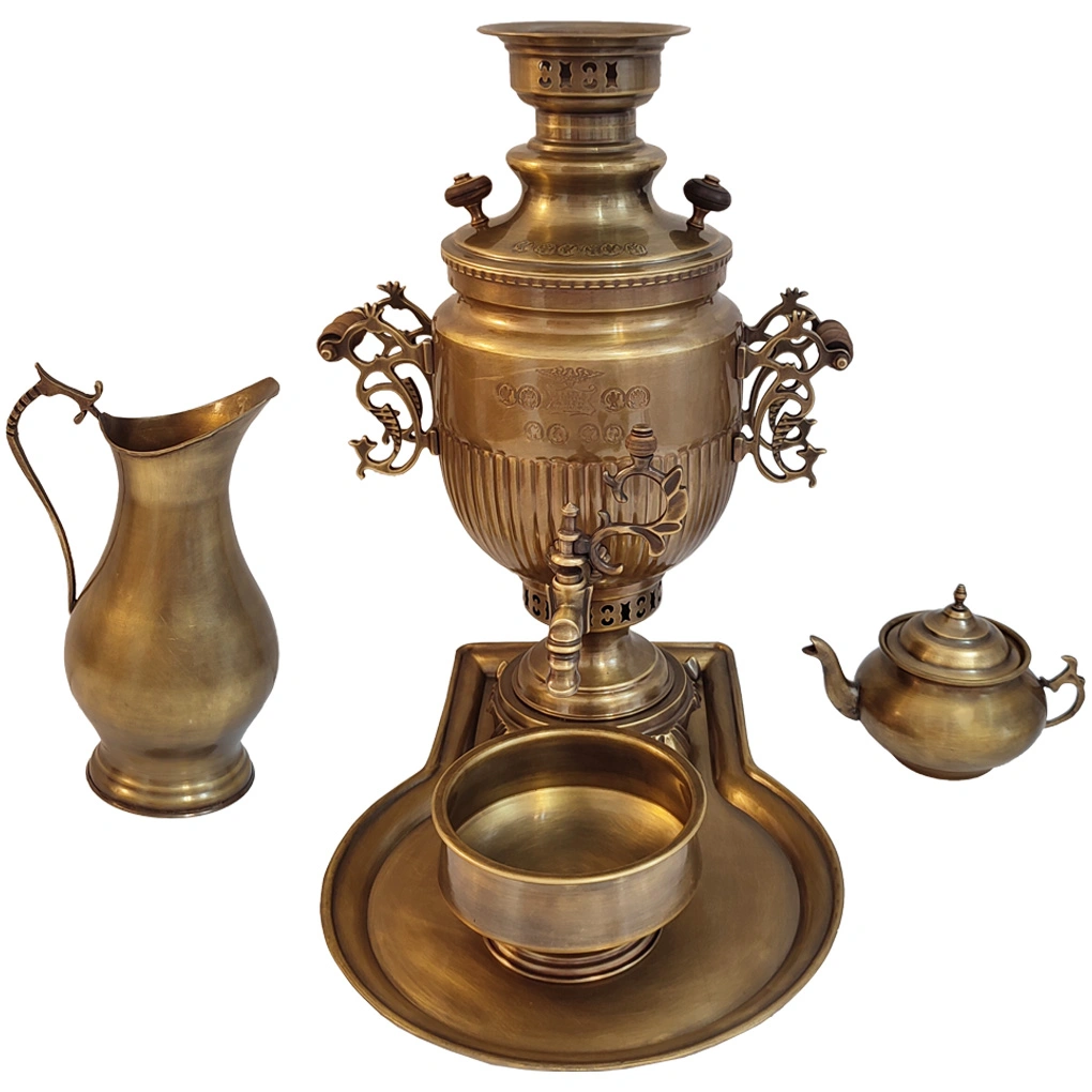 سرویس سماور زغالی برنجی آنتیک 6 لیتر سنگین وزن و بسیار باکیفیت برند شتربان