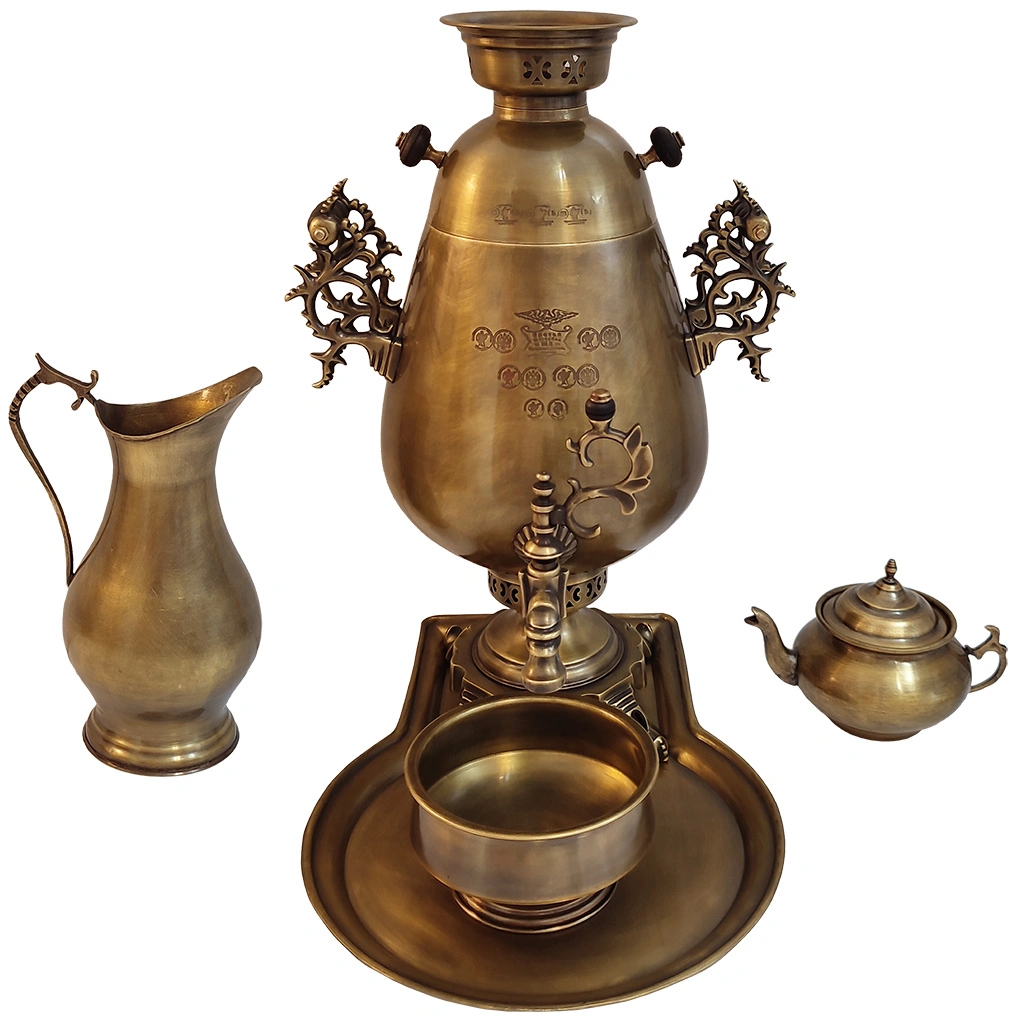 سرویس سماور برنجی مدل زغالی آنتیک شده