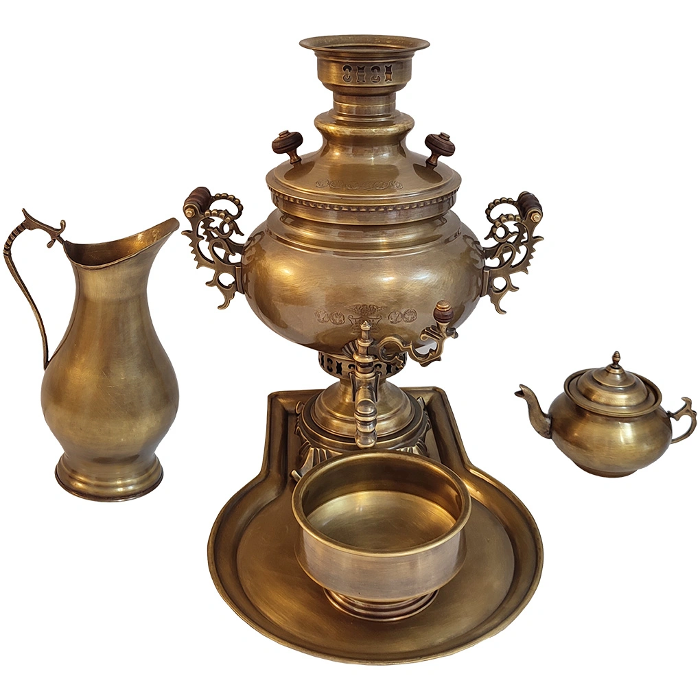 سرویس سماور برنجی مدل زغالی آنتیک شده