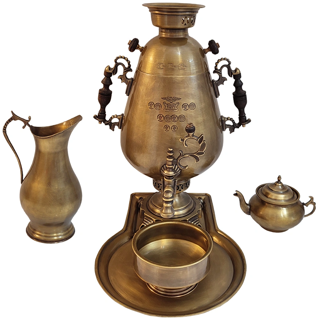 سرویس سماور برنجی مدل زغالی آنتیک شده