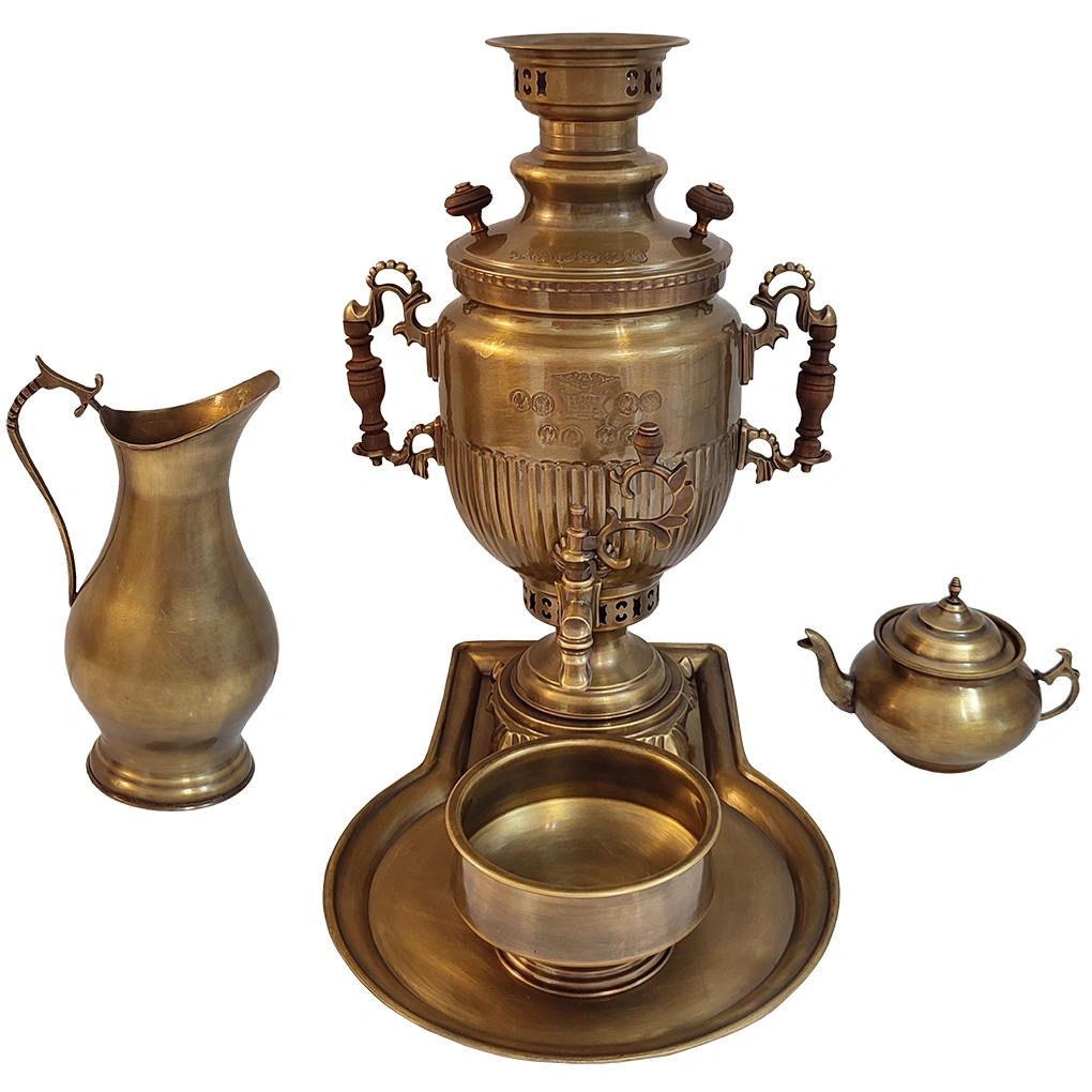 سرویس سماور برنجی مدل زغالی آنتیک شده