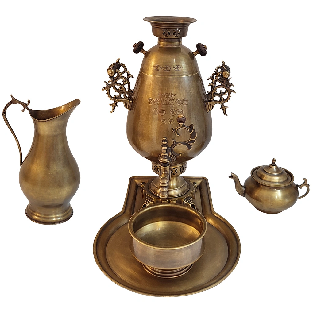 سرویس سماور برنجی مدل زغالی آنتیک شده