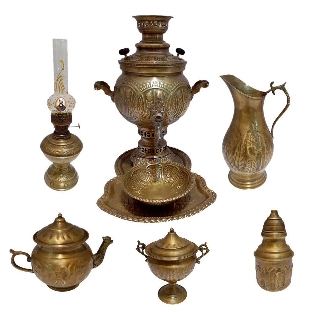 ست سماور برنجی قلم کاری شده مدل زغالی آنتیک شده