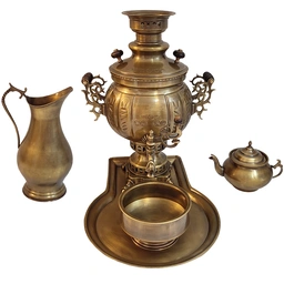 سرویس سماور زغالی برنجی آنتیک 6 لیتر سنگین وزن و بسیار باکیفیت برند شتربان