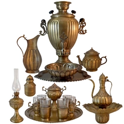 ست کامل سماور برنجی مدل زغالی آنتیک شده